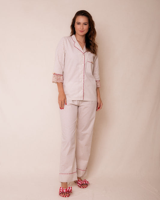 Pijama Longo Vichy Bege